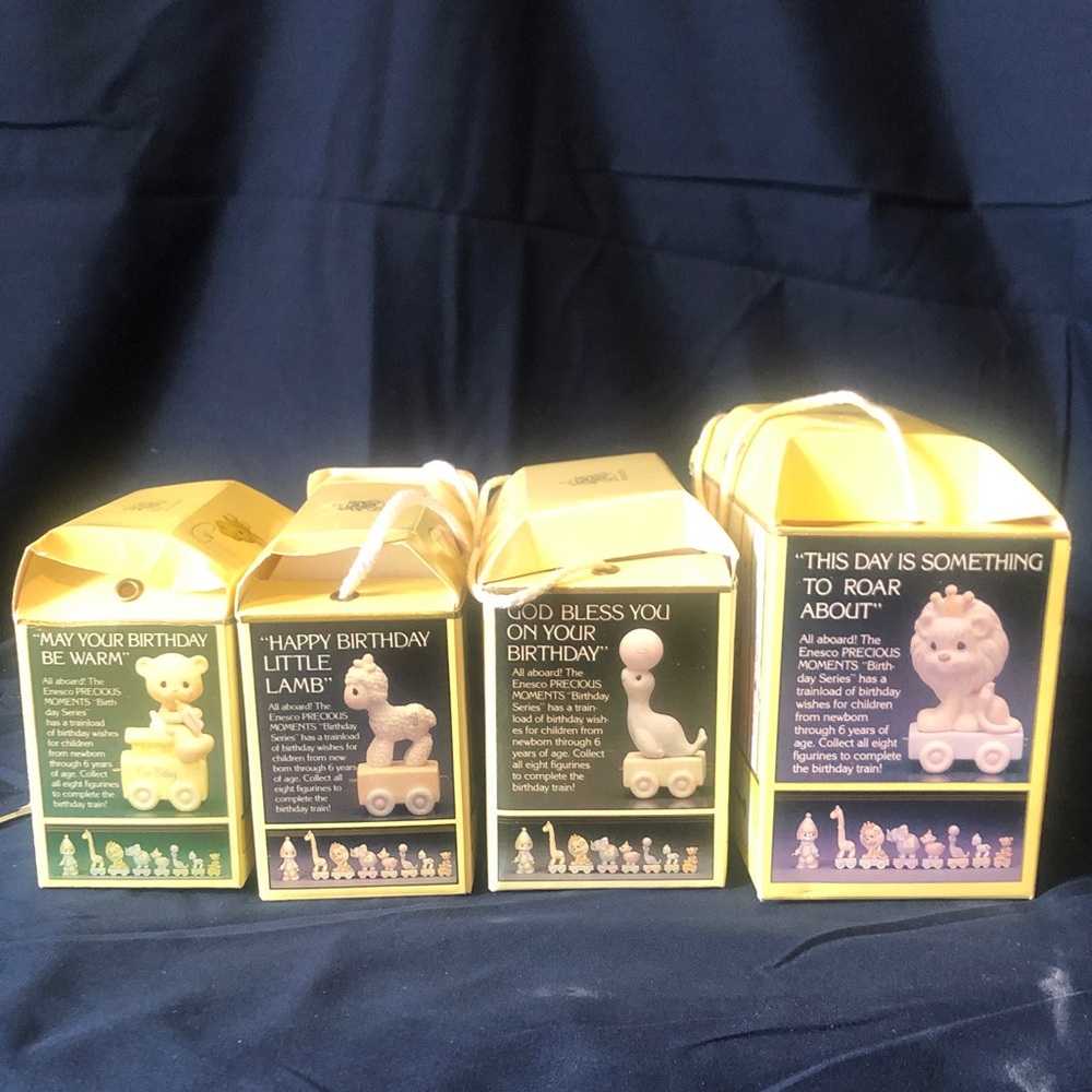 Enesco Precious Moments baby train porcelain ‘new in boxes” baby, 1, 2 & 5 years